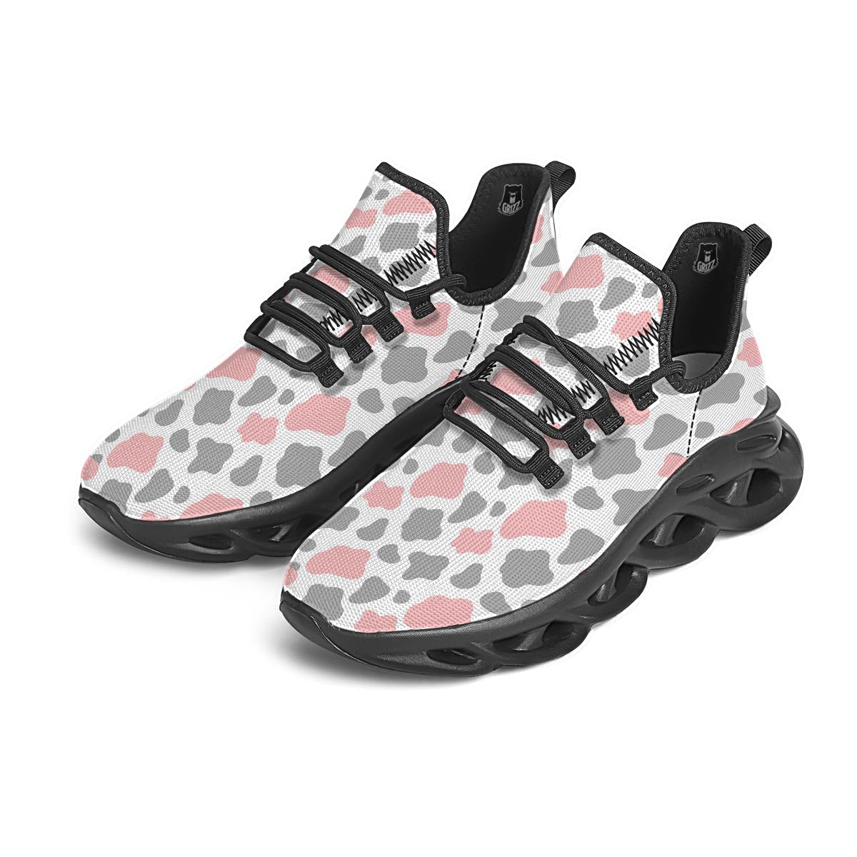Pink And Grey Cow Print Black Running Shoes-grizzshop