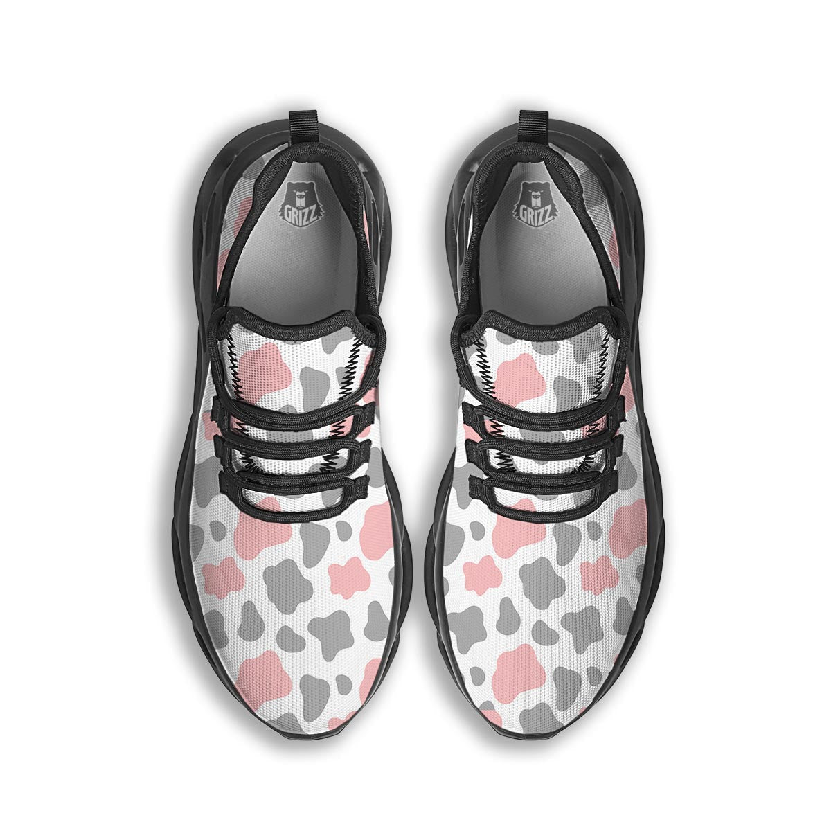 Pink And Grey Cow Print Black Running Shoes-grizzshop