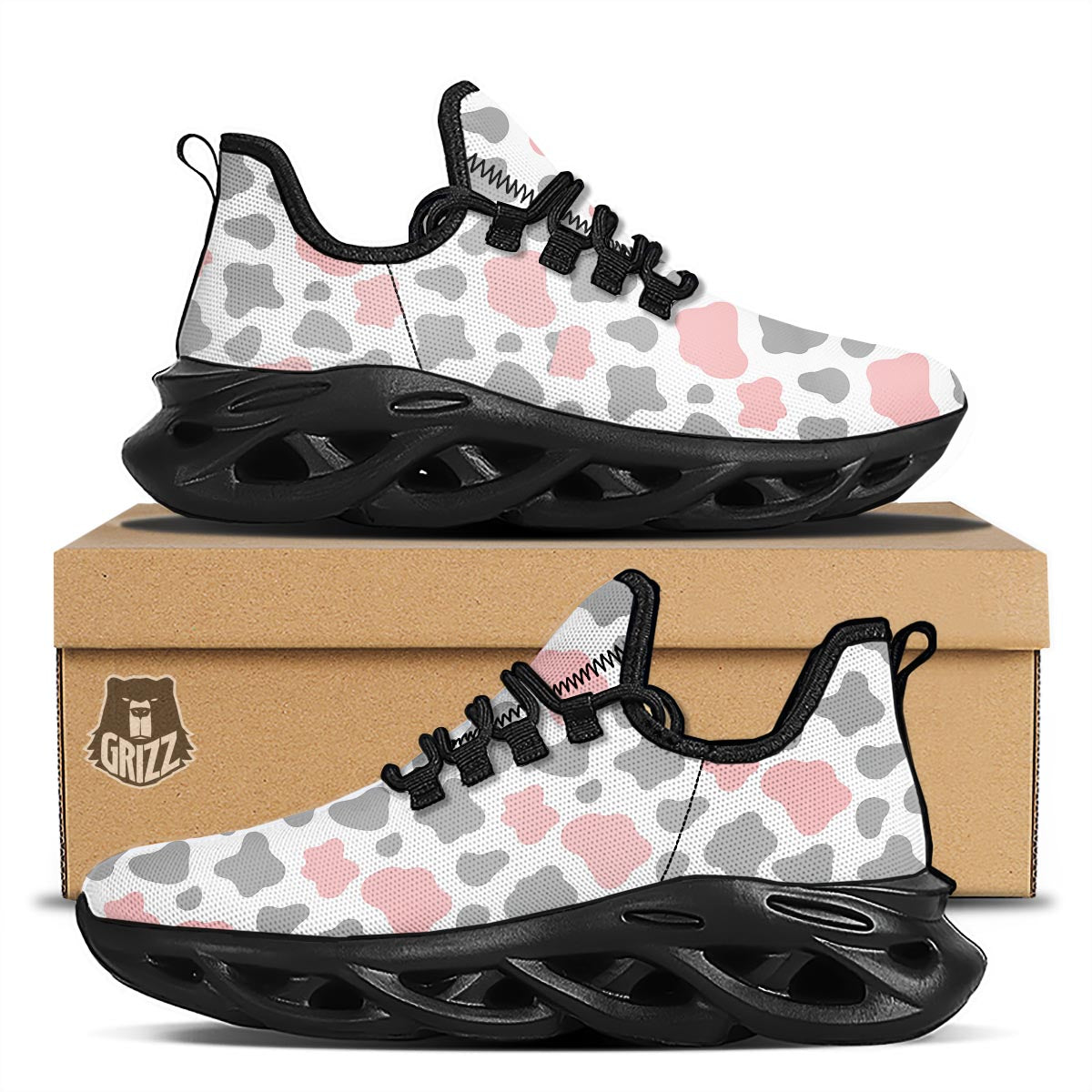 Pink And Grey Cow Print Black Running Shoes-grizzshop