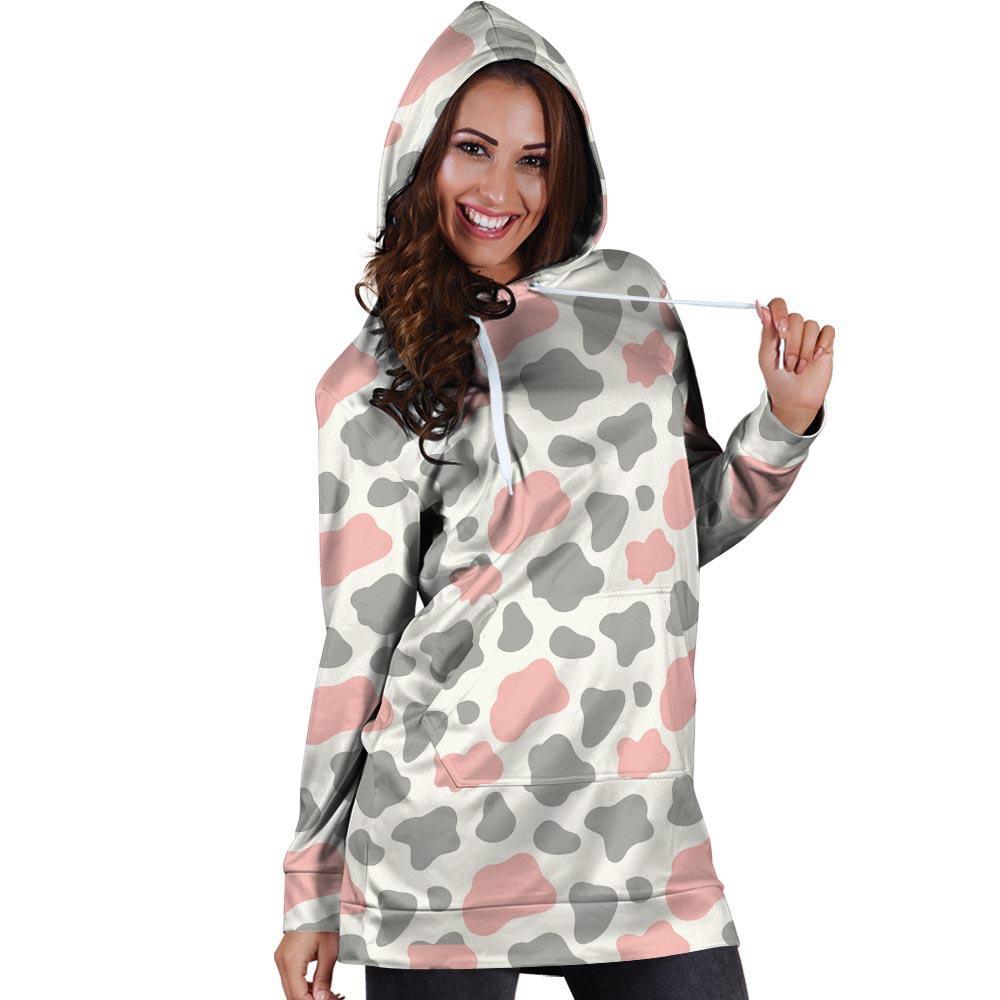 Pink And Grey Cow Print Hoodie Dress-grizzshop