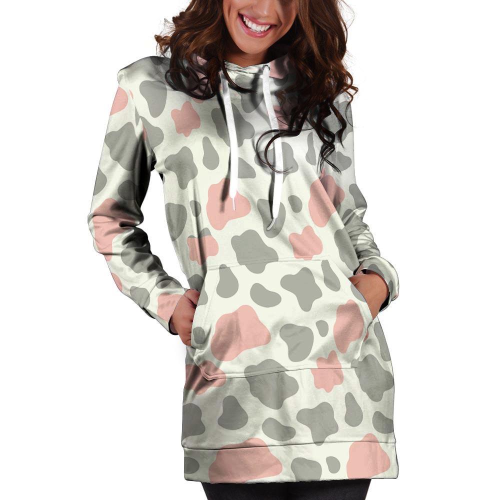 Pink And Grey Cow Print Hoodie Dress-grizzshop