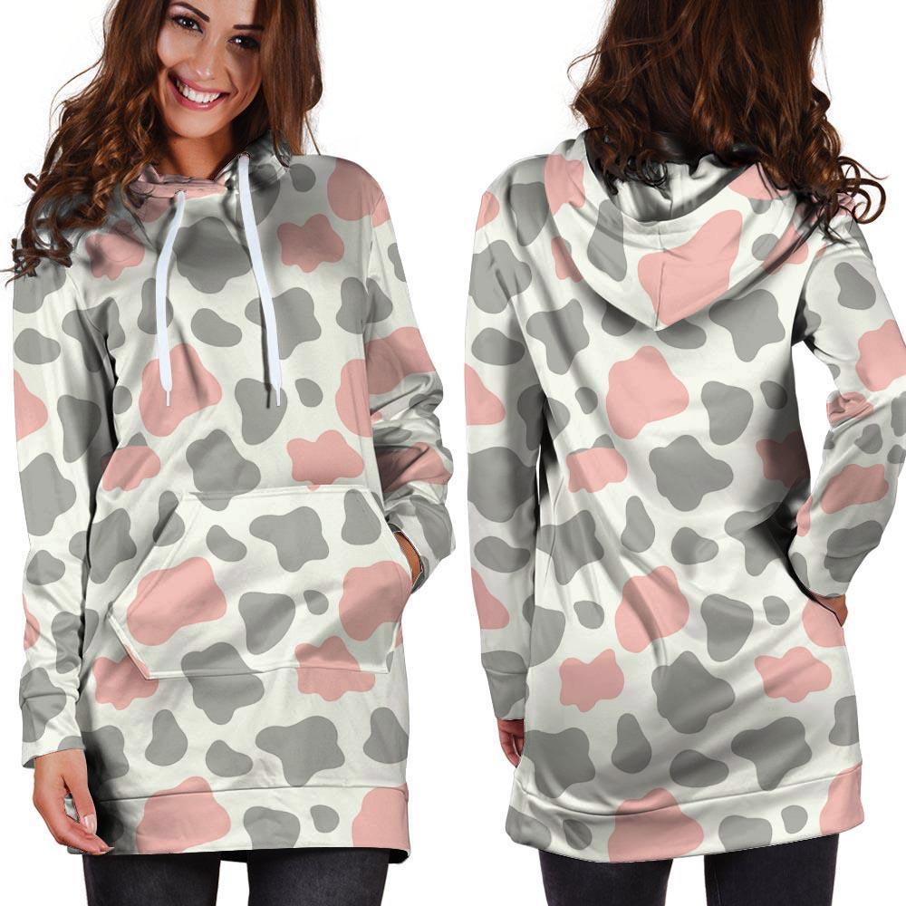Pink And Grey Cow Print Hoodie Dress-grizzshop