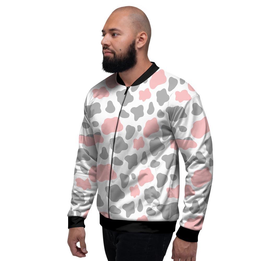 Pink And Grey Cow Print Men's Bomber Jacket-grizzshop