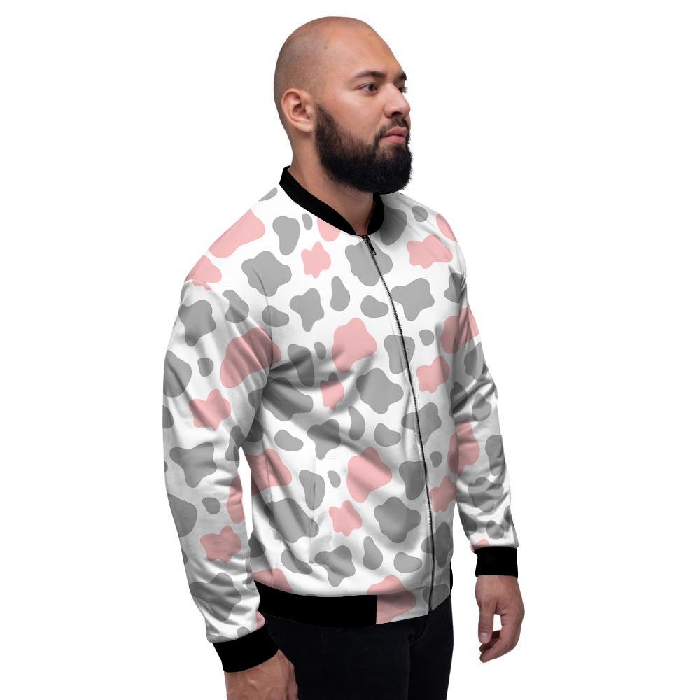 Pink And Grey Cow Print Men's Bomber Jacket-grizzshop