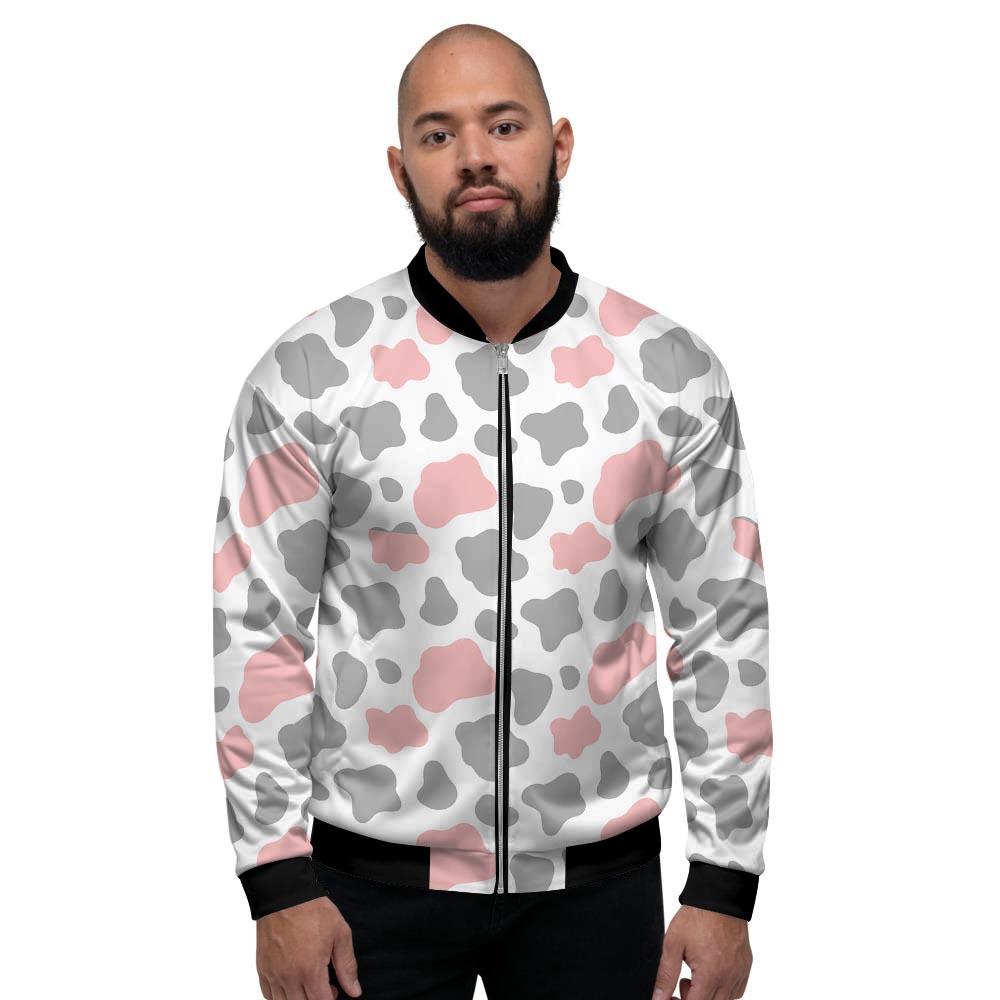 Pink And Grey Cow Print Men's Bomber Jacket-grizzshop