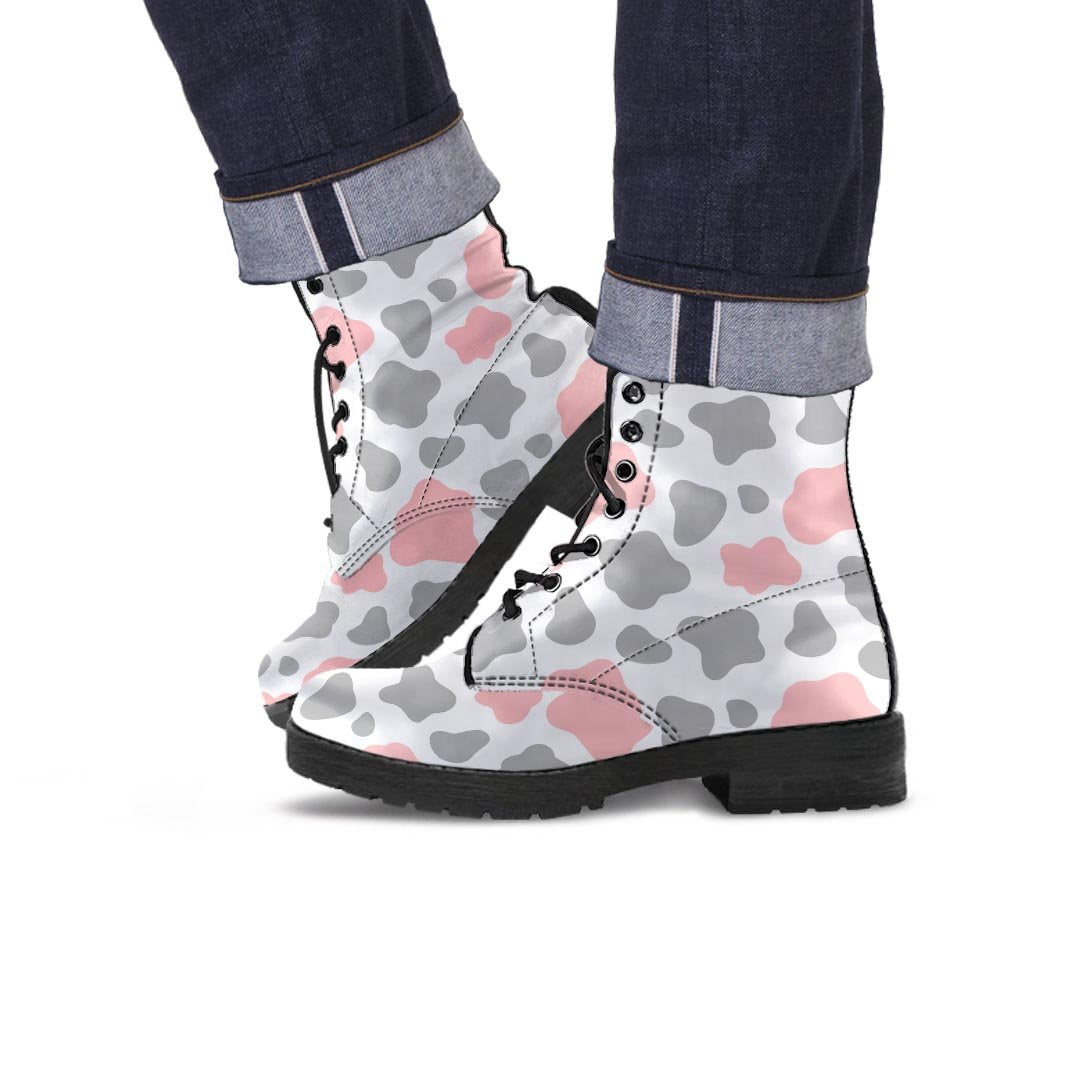 Pink And Grey Cow Print Men's Boots-grizzshop