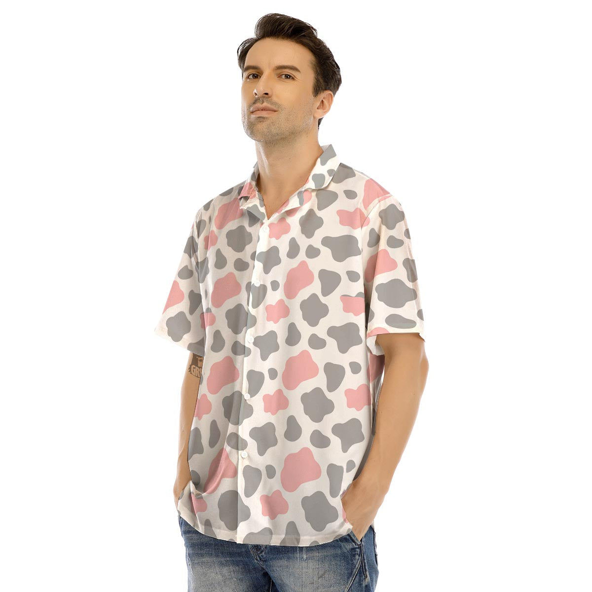 Pink And Grey Cow Print Men’s Hawaiian Shirt-grizzshop