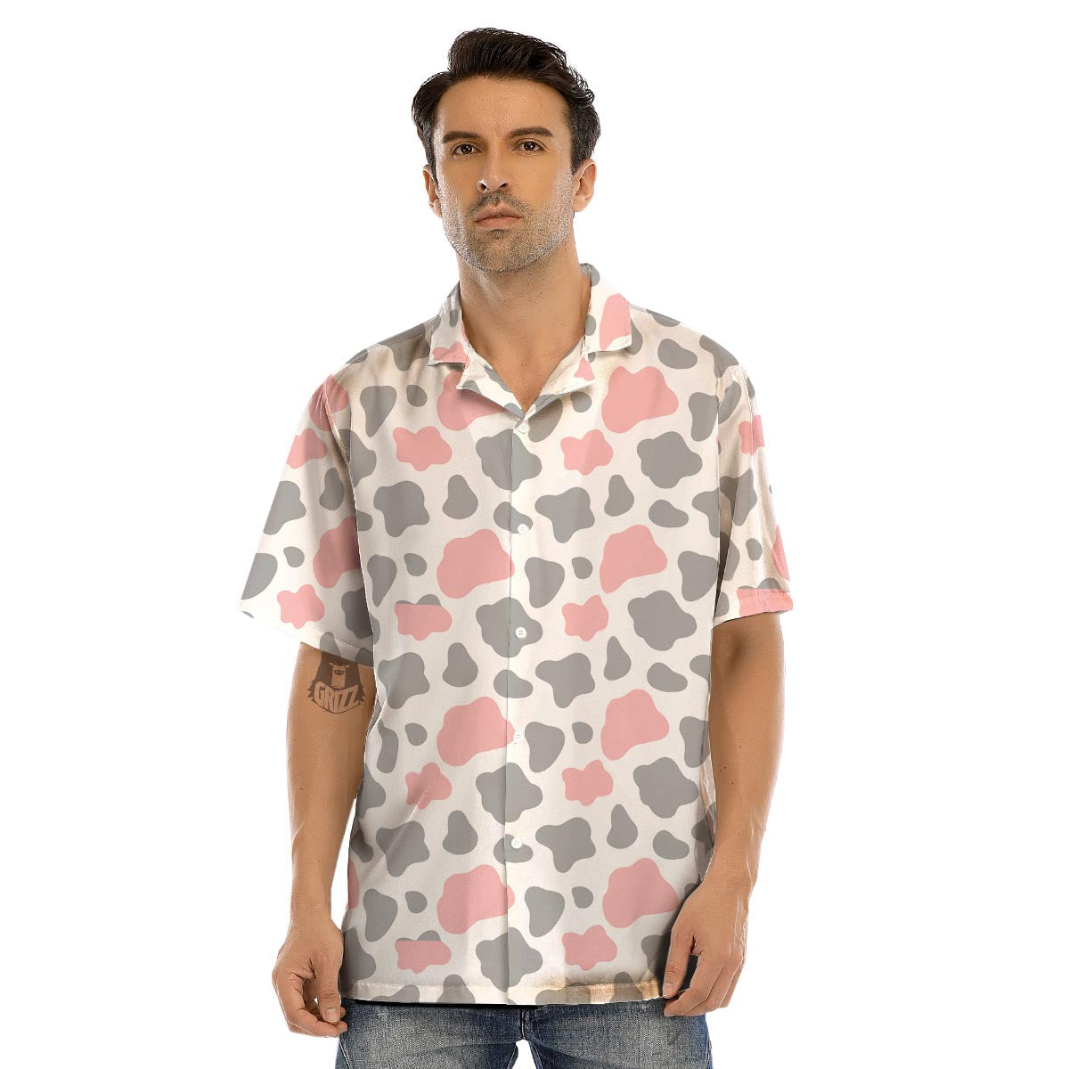 Pink And Grey Cow Print Men’s Hawaiian Shirt-grizzshop