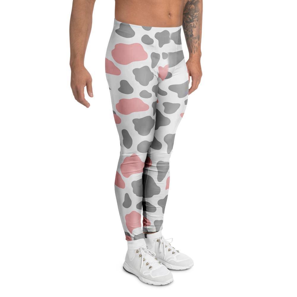 Pink And Grey Cow Print Men's Leggings-grizzshop