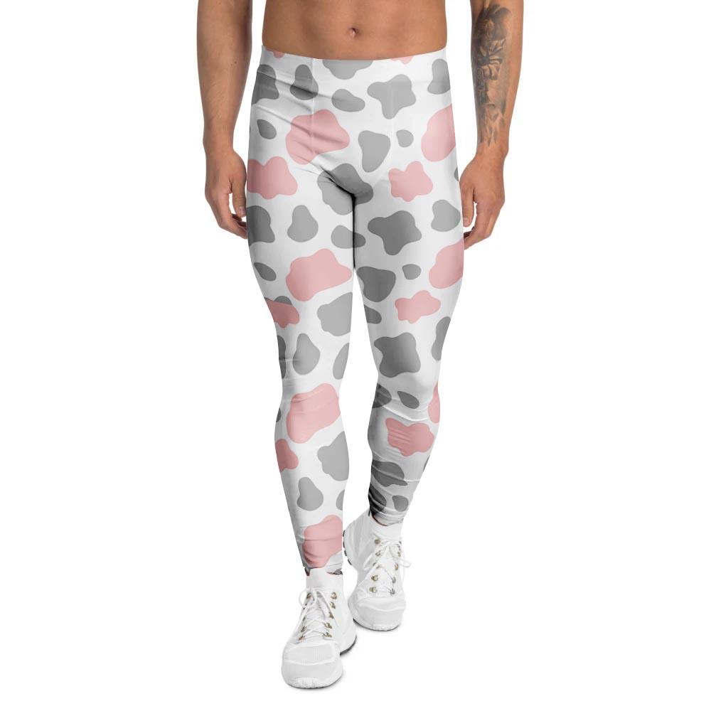 Pink And Grey Cow Print Men's Leggings-grizzshop