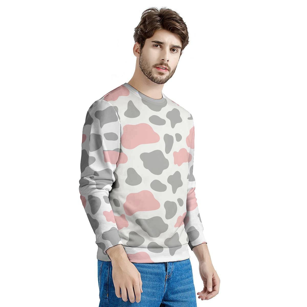 Pink And Grey Cow Print Men's Sweatshirt-grizzshop