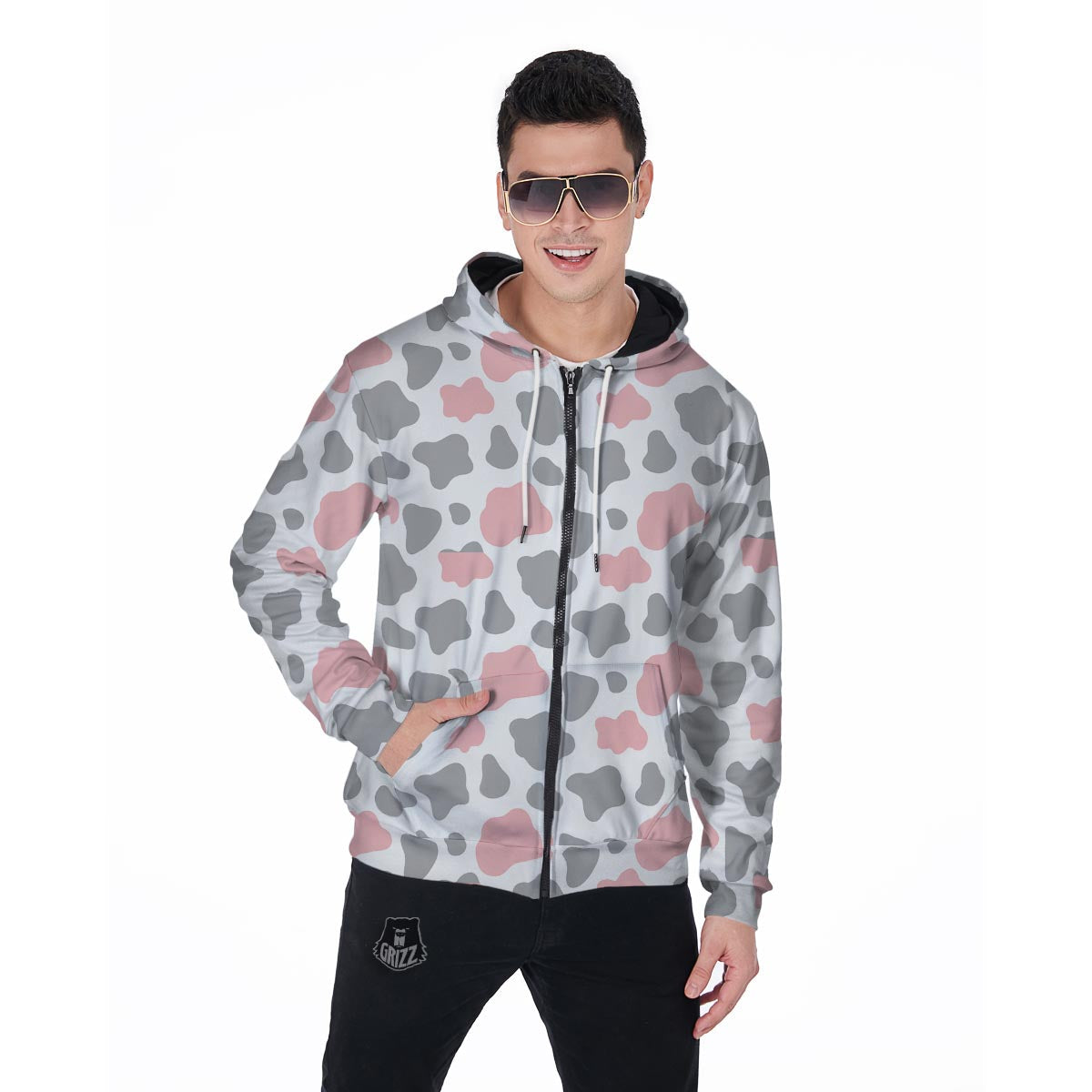 Pink And Grey Cow Print Men's Zip Up Hoodie-grizzshop