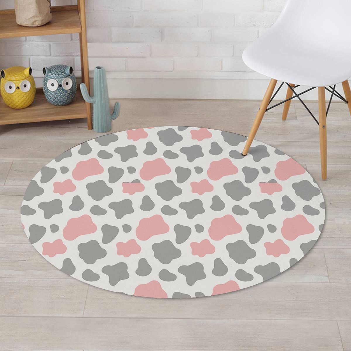 Pink And Grey Cow Print Round Rug-grizzshop