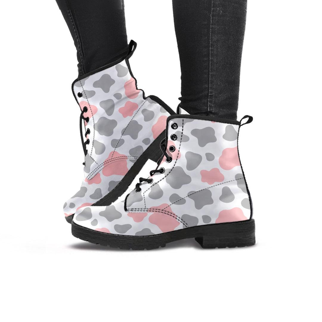 Pink And Grey Cow Print Women's Boots-grizzshop