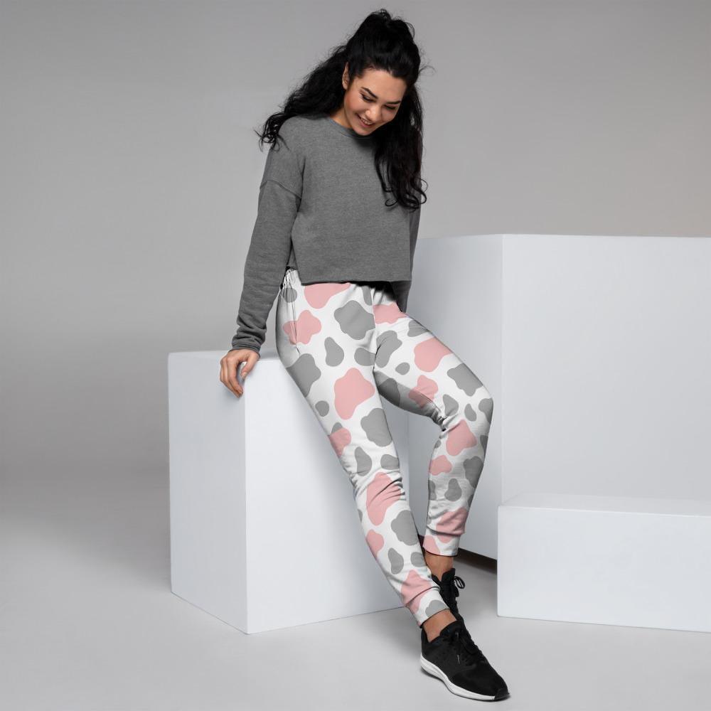 Pink And Grey Cow Print Women's Joggers-grizzshop