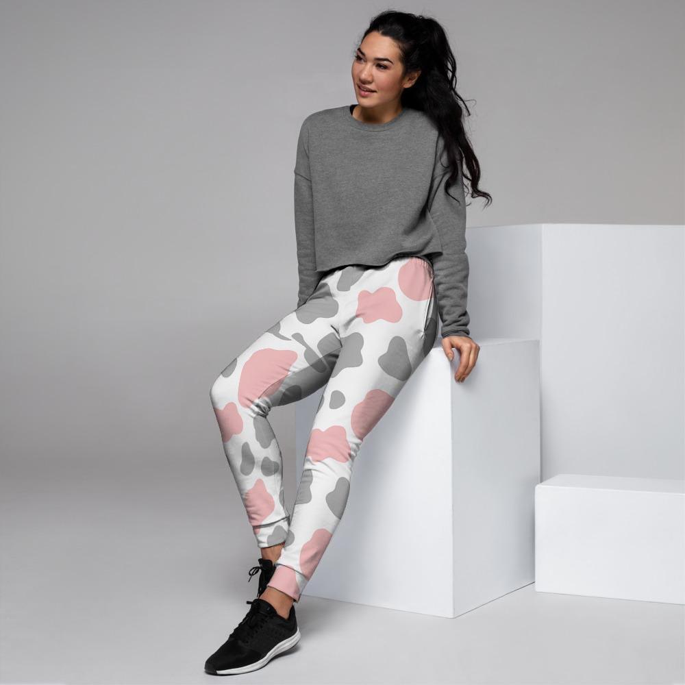 Pink And Grey Cow Print Women's Joggers-grizzshop