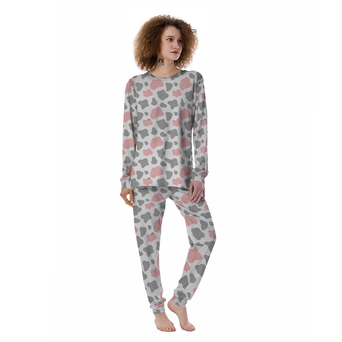 Pink And Grey Cow Print Women's Pajamas-grizzshop