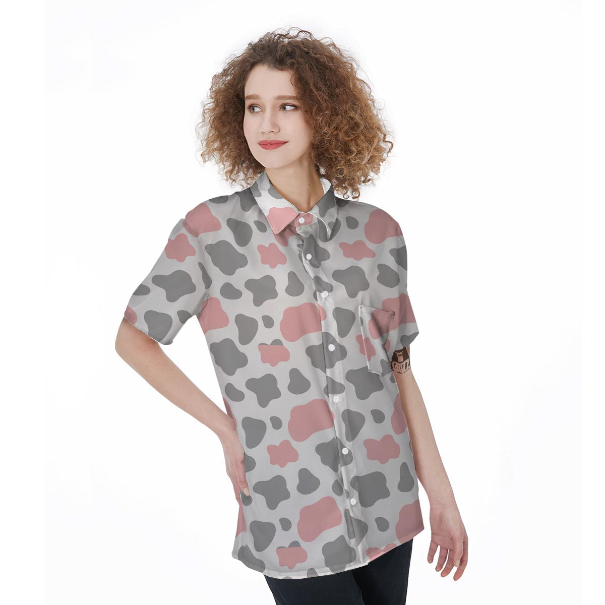 Pink And Grey Cow Print Women's Short Sleeve Shirts-grizzshop