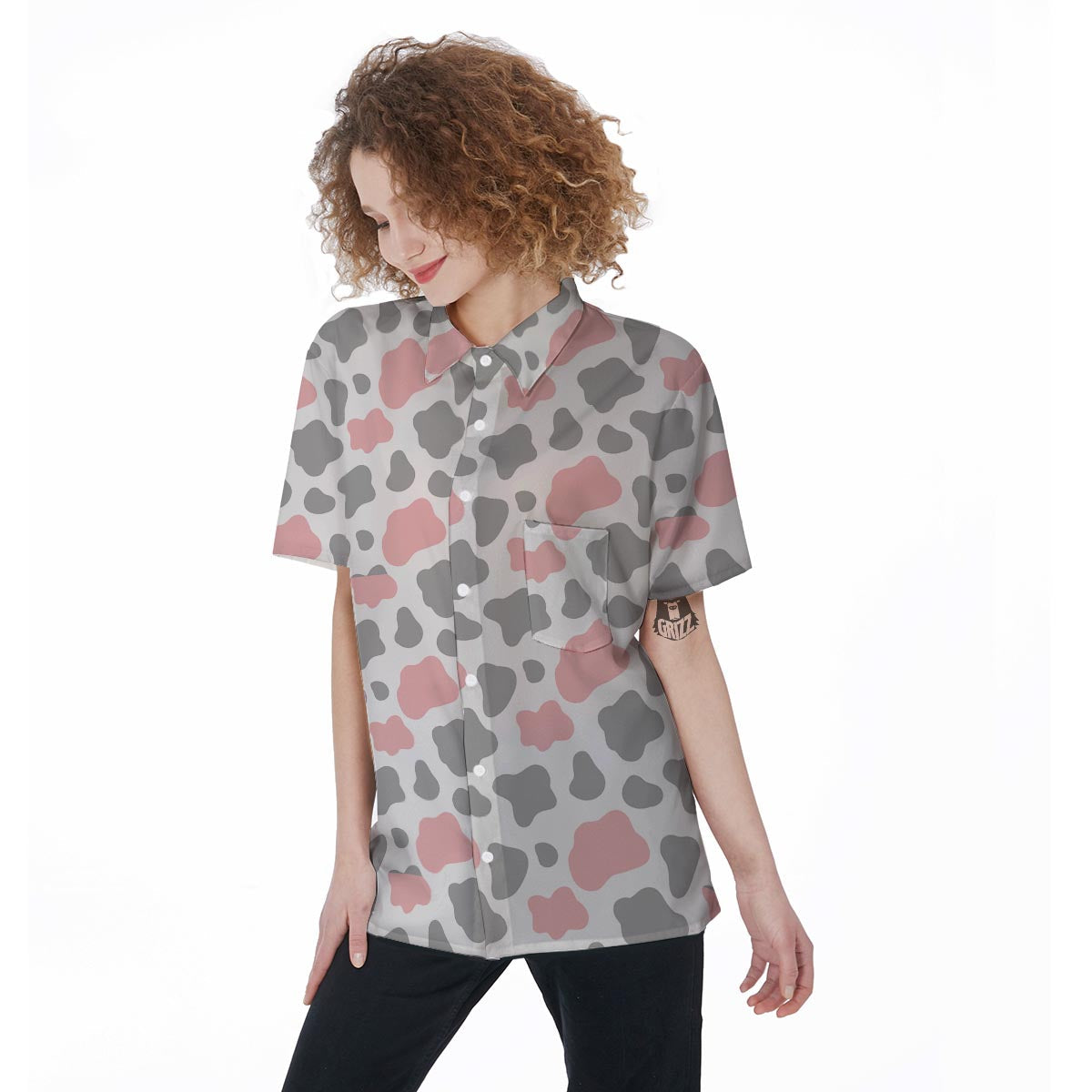 Pink And Grey Cow Print Women's Short Sleeve Shirts-grizzshop