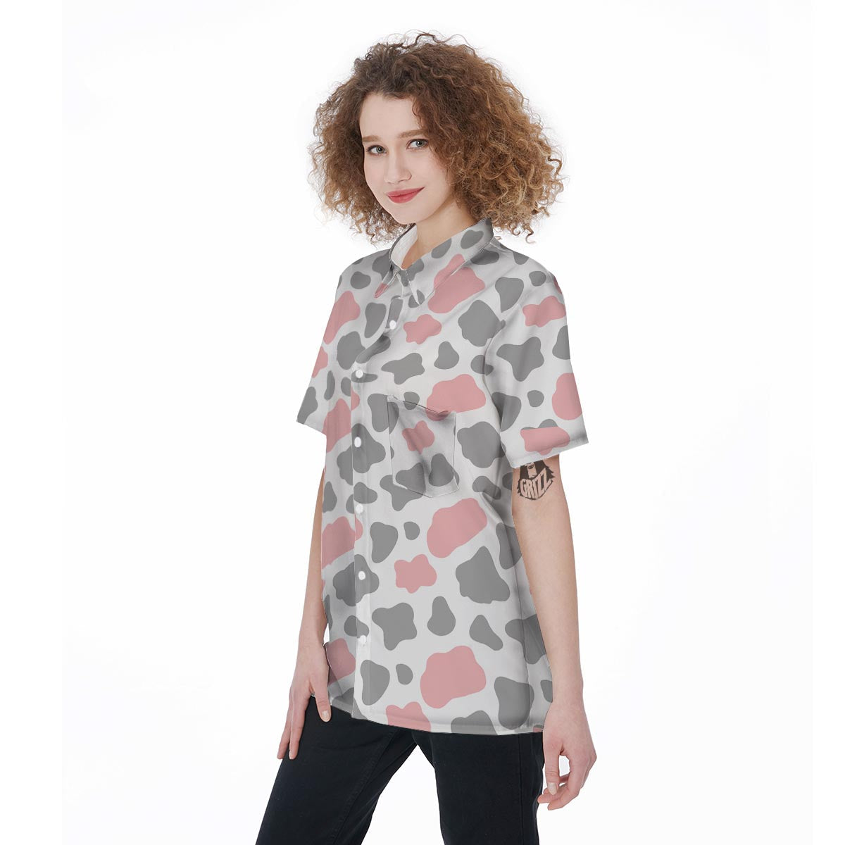 Pink And Grey Cow Print Women's Short Sleeve Shirts-grizzshop