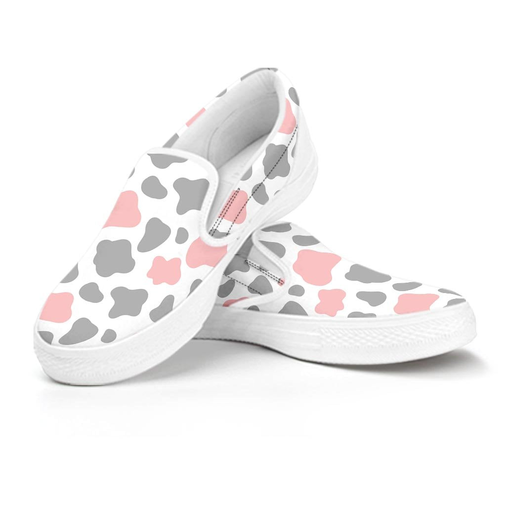Pink And Grey Cow Print Women's Slip On Sneakers-grizzshop