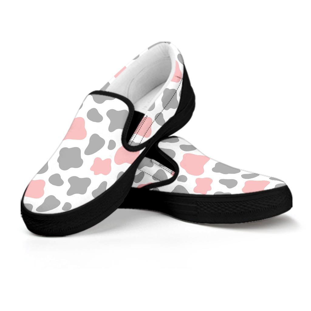 Pink And Grey Cow Print Women's Slip On Sneakers-grizzshop