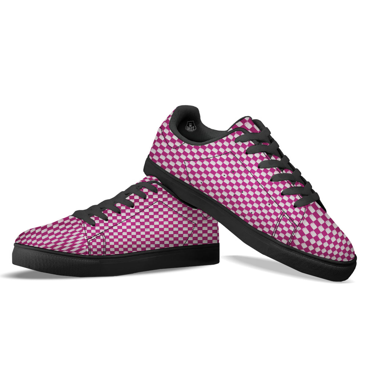 Pink And White Checkered Print Pattern Black Low Top Sneakers-grizzshop