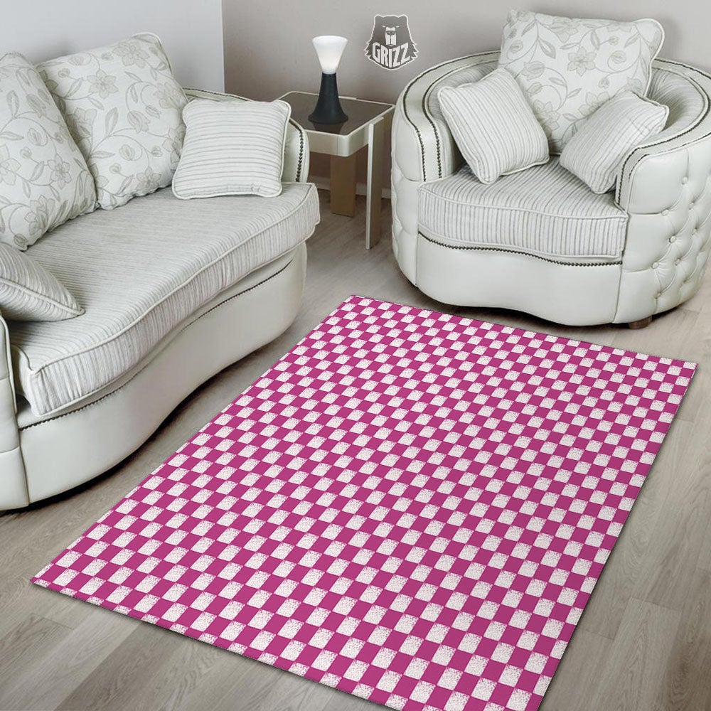 Pink And White Checkered Print Pattern Floor Mat-grizzshop