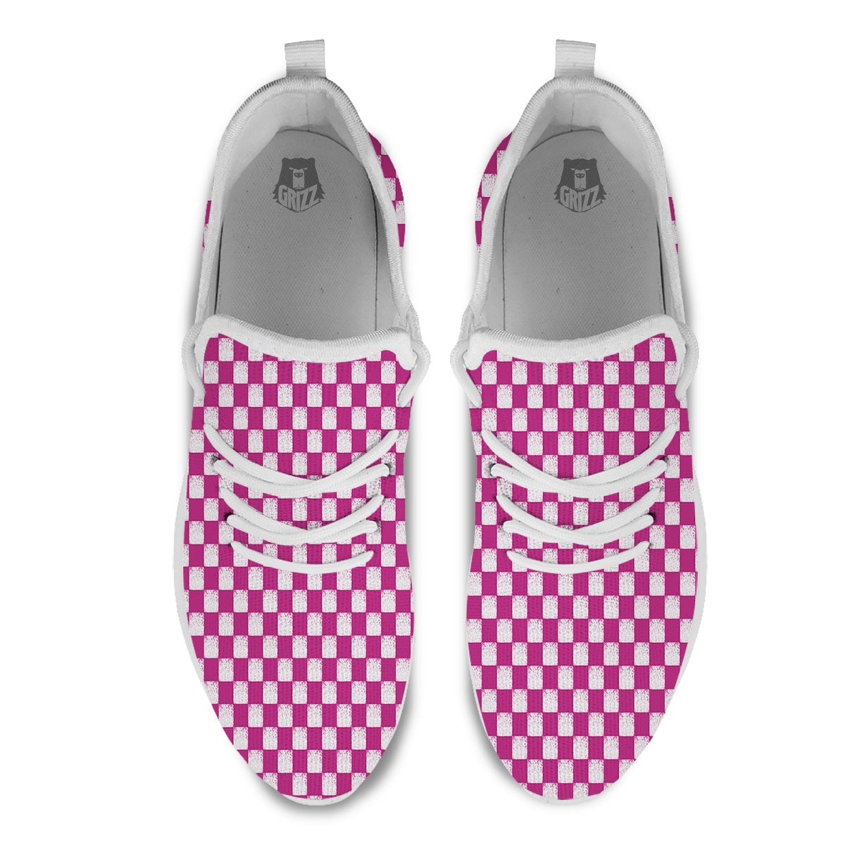 Pink And White Checkered Print Pattern White Athletic Shoes-grizzshop