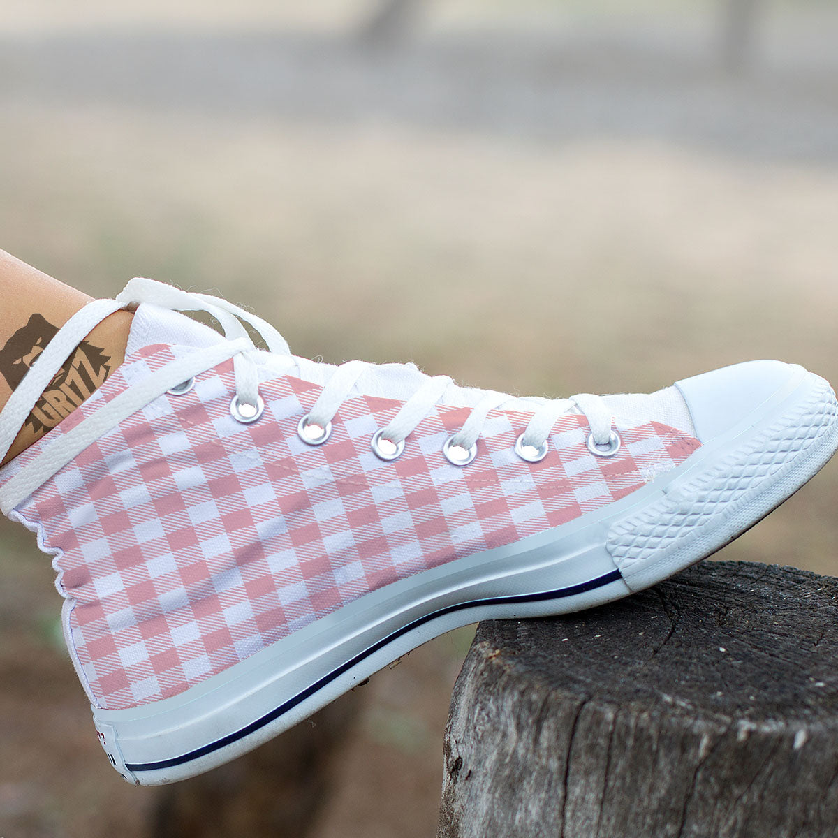 Pink And White Gingham Print Pattern White High Top Shoes-grizzshop