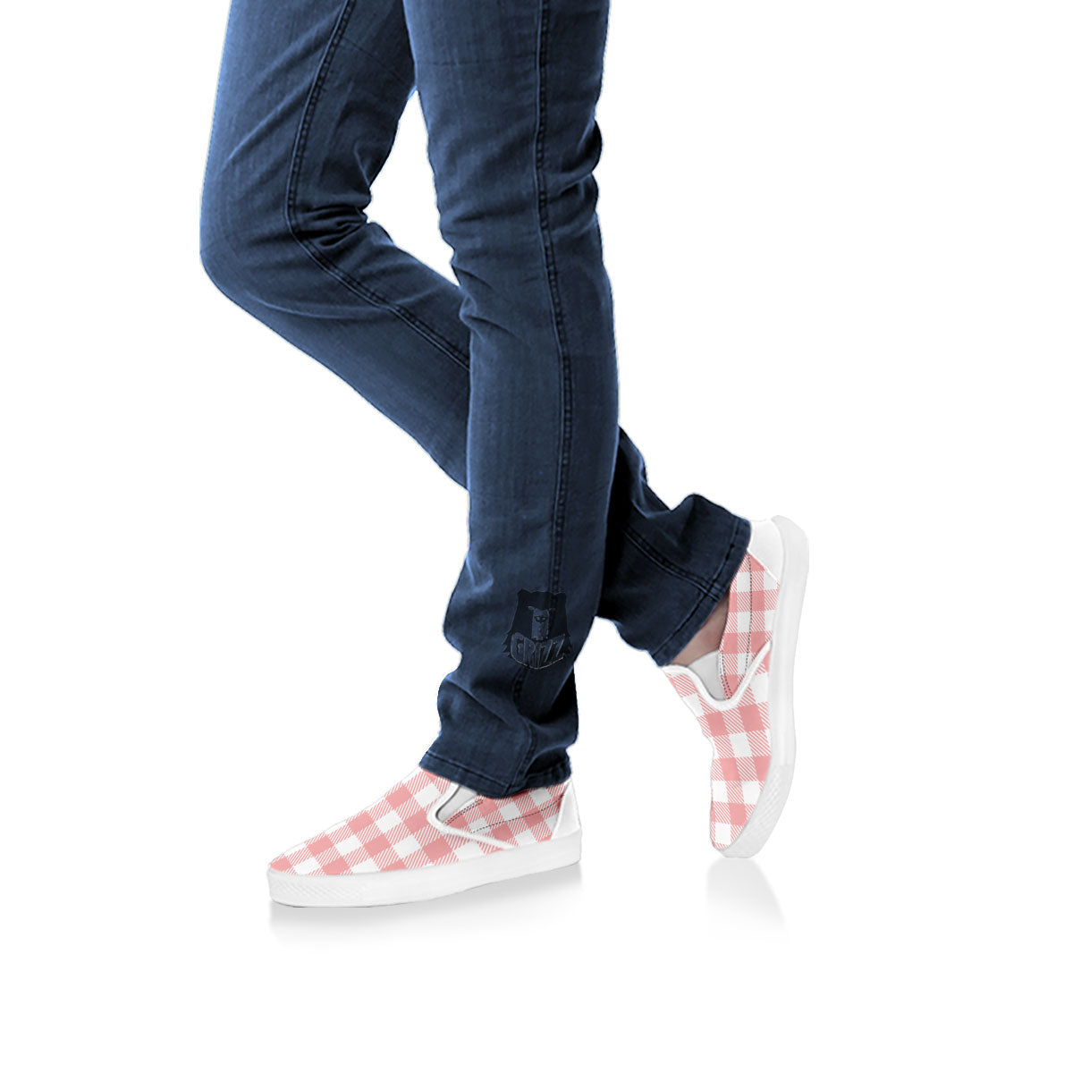 Pink And White Gingham Print Pattern White Slip On Shoes-grizzshop