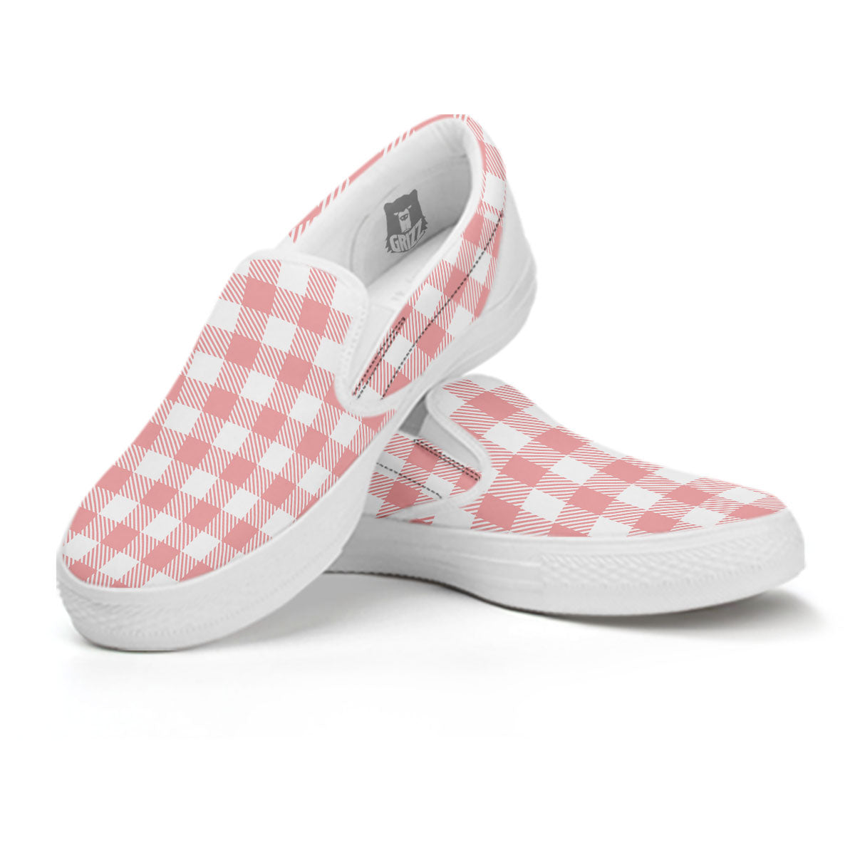 Pink And White Gingham Print Pattern White Slip On Shoes-grizzshop
