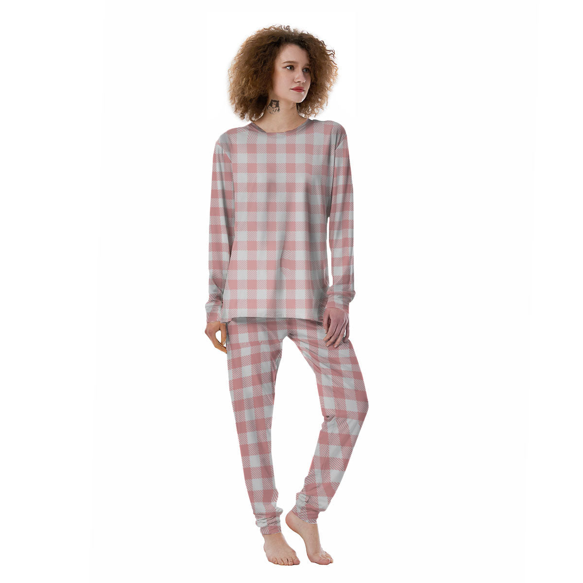 Pink And White Gingham Print Pattern Women's Pajamas-grizzshop