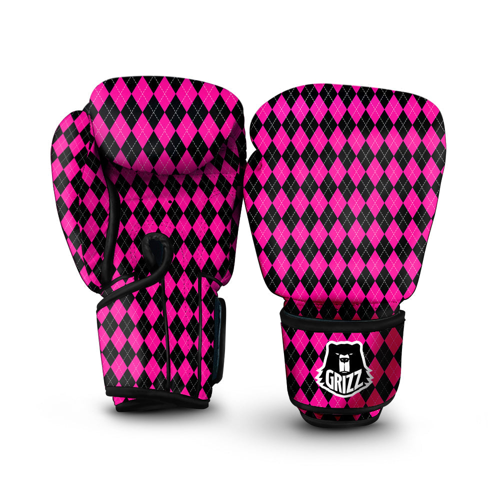 Pink Argyle Deep And Black Print Pattern Boxing Gloves-grizzshop