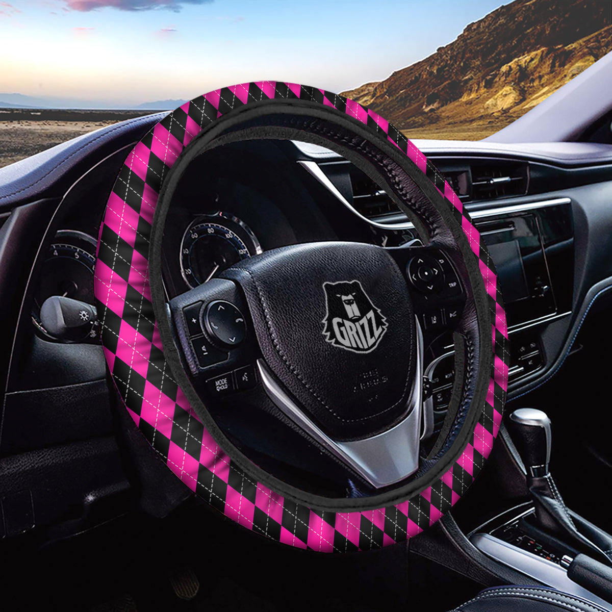 Pink Argyle Deep And Black Print Pattern Car Steering Wheel Cover-grizzshop