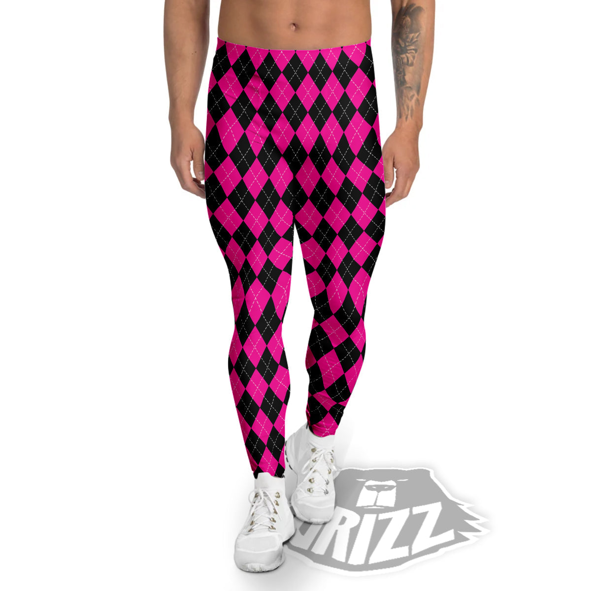 Pink Argyle Deep And Black Print Pattern Men's Leggings-grizzshop