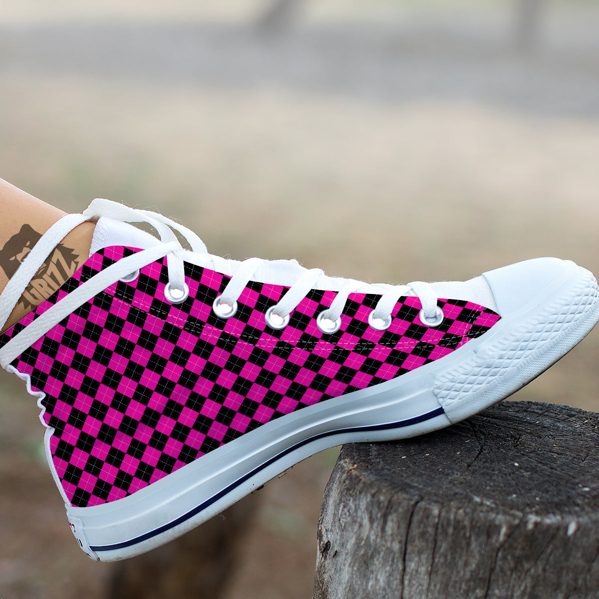 Pink Argyle Deep And Black Print Pattern White High Top Shoes-grizzshop