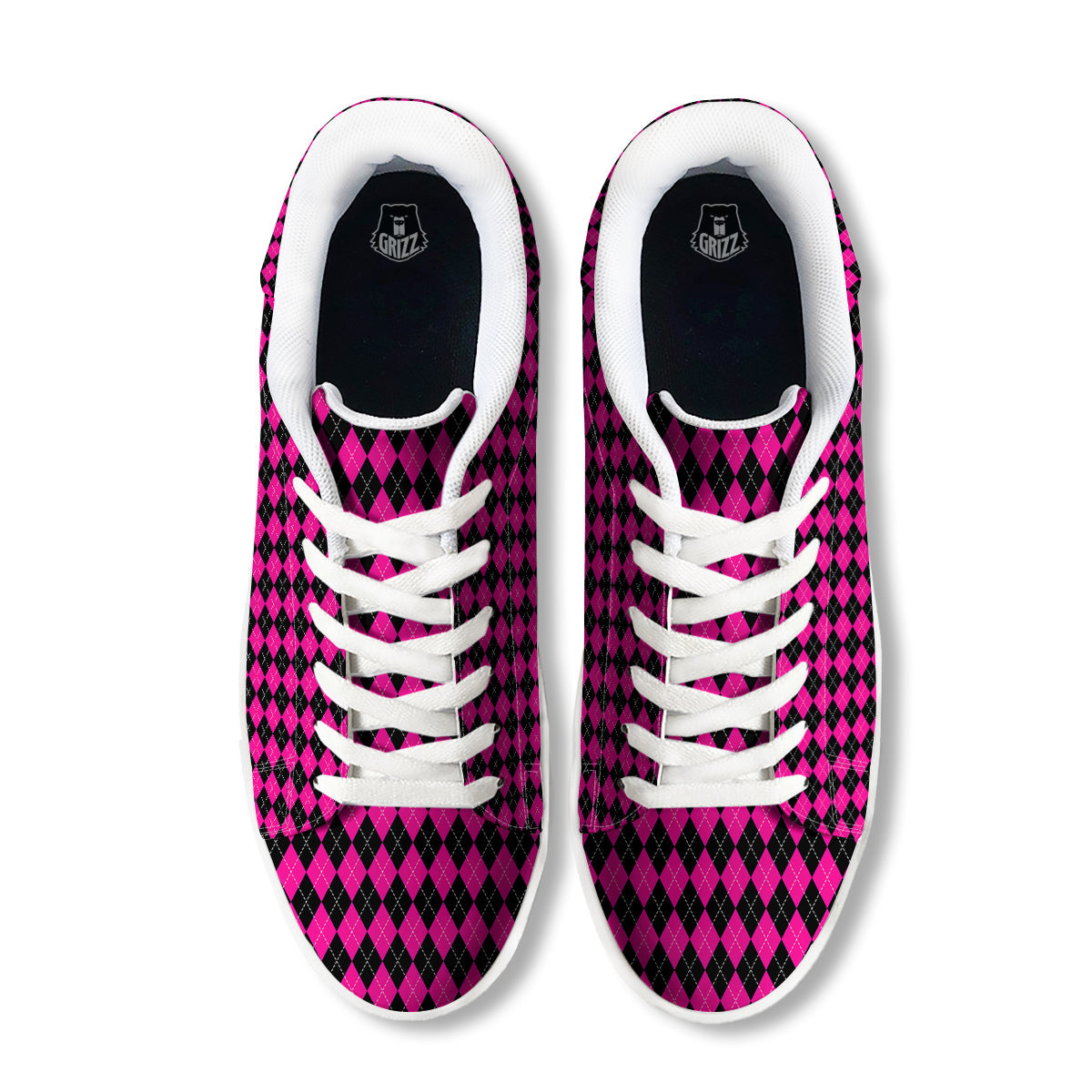 Pink Argyle Deep And Black Print Pattern White Low Top Sneakers-grizzshop