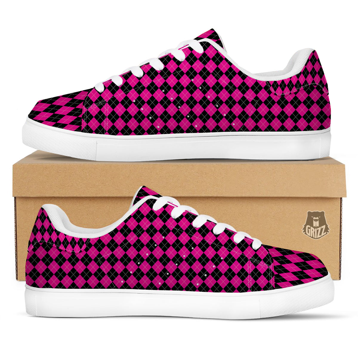 Pink Argyle Deep And Black Print Pattern White Low Top Sneakers-grizzshop