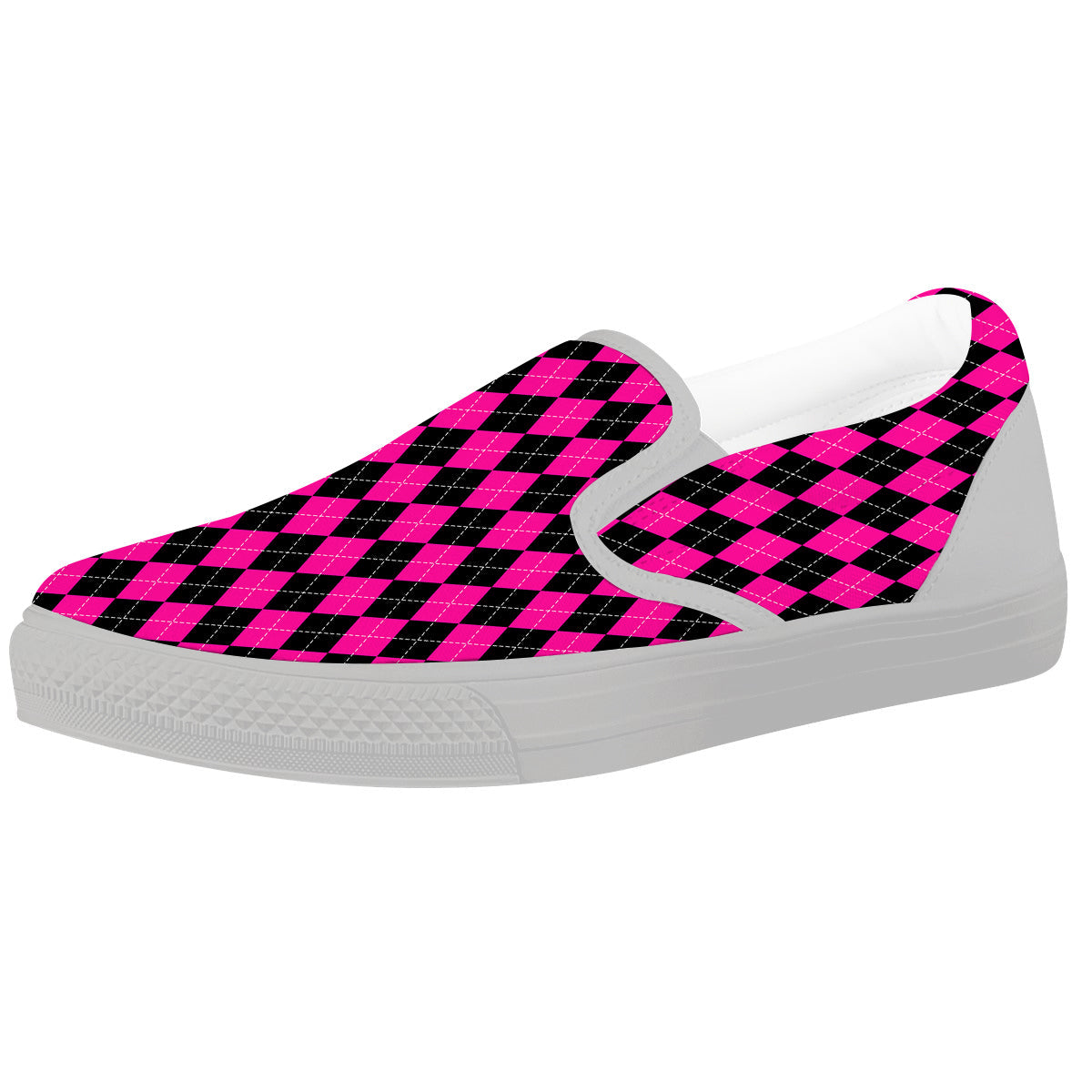 Pink Argyle Deep And Black Print Pattern White Slip On Shoes-grizzshop