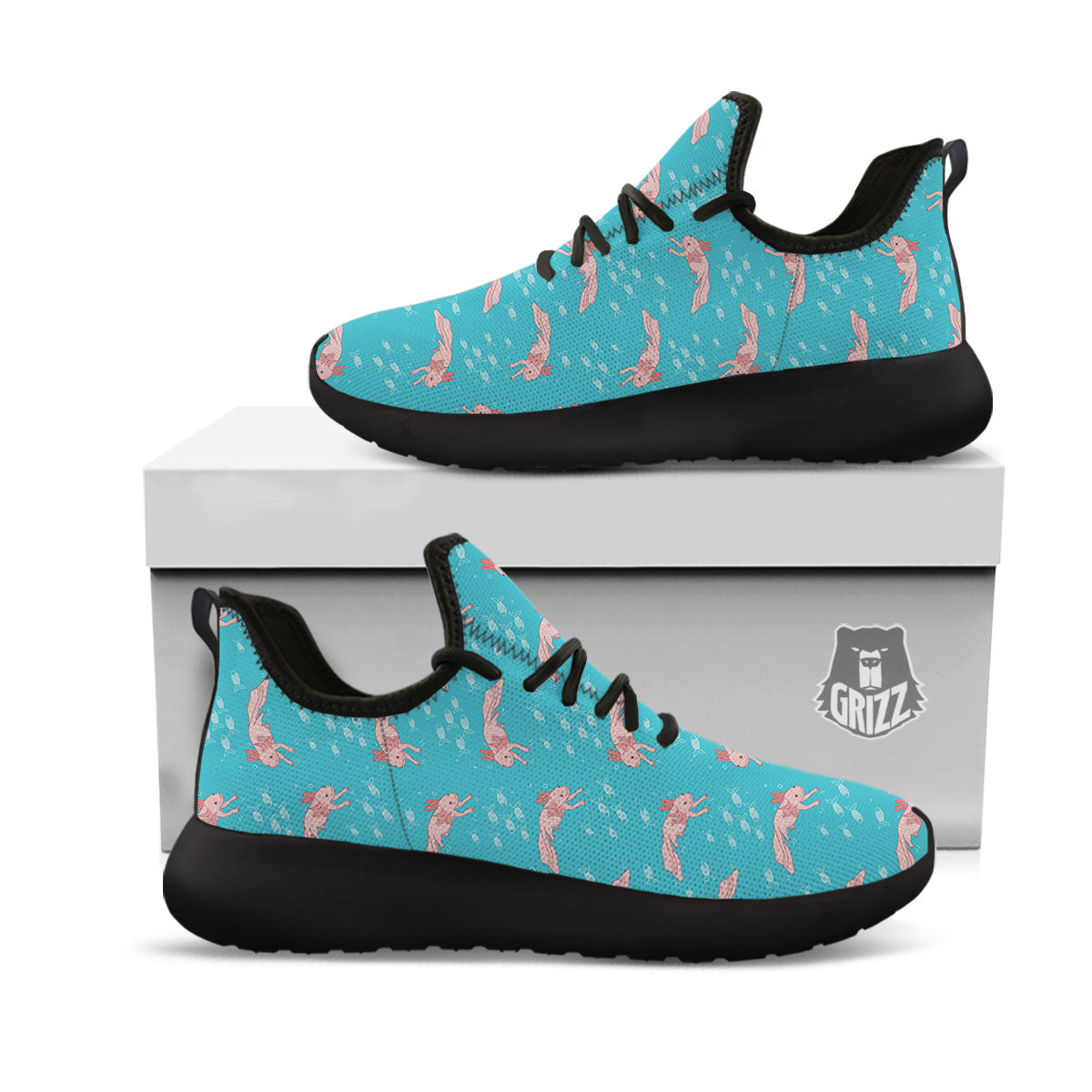 Pink Axolotl Teal Print Pattern Black Athletic Shoes-grizzshop