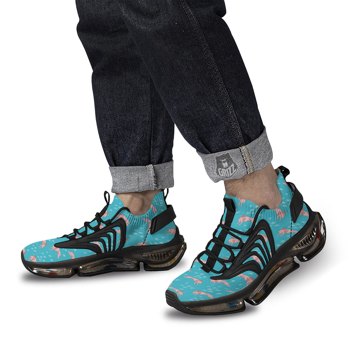 Pink Axolotl Teal Print Pattern Black Gym Shoes-grizzshop