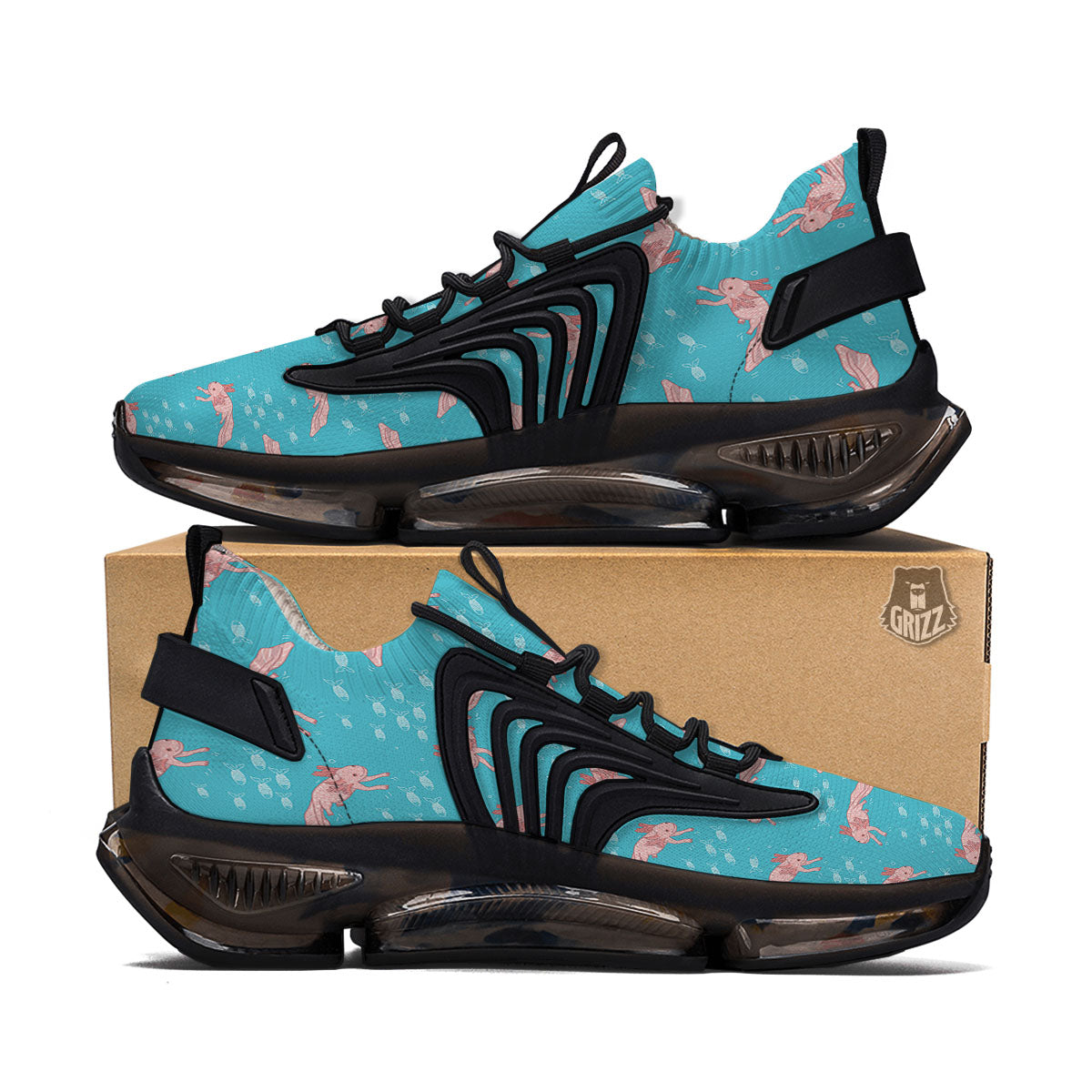 Pink Axolotl Teal Print Pattern Black Gym Shoes-grizzshop