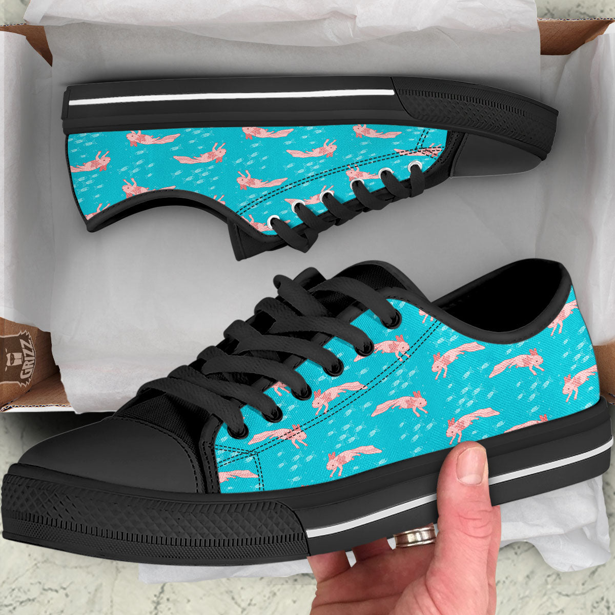 Pink Axolotl Teal Print Pattern Black Low Top Shoes-grizzshop