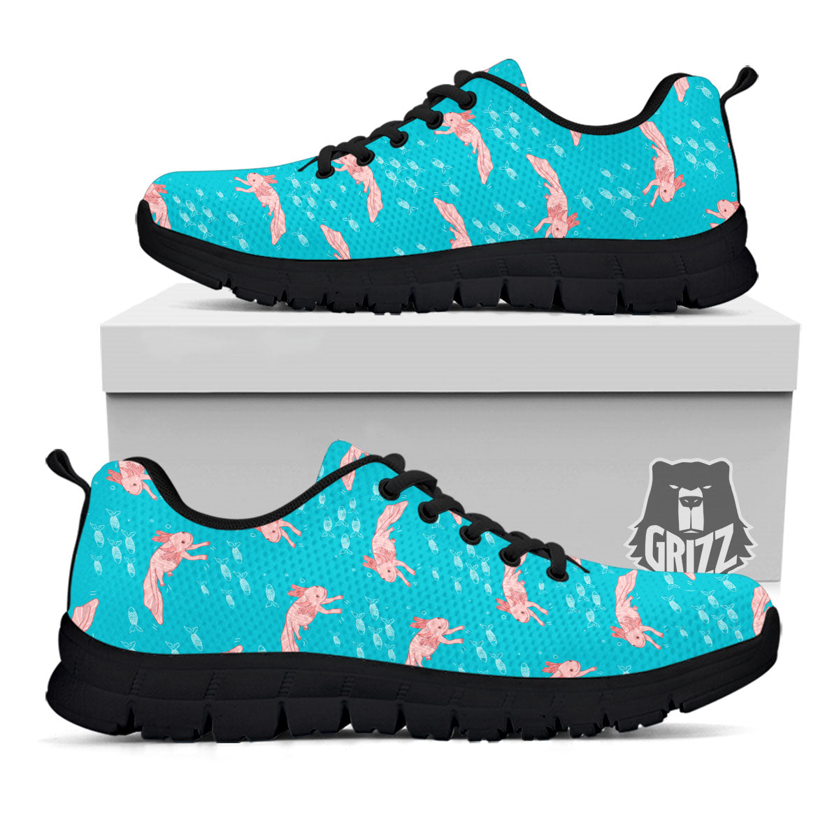 Pink Axolotl Teal Print Pattern Black Sneaker-grizzshop