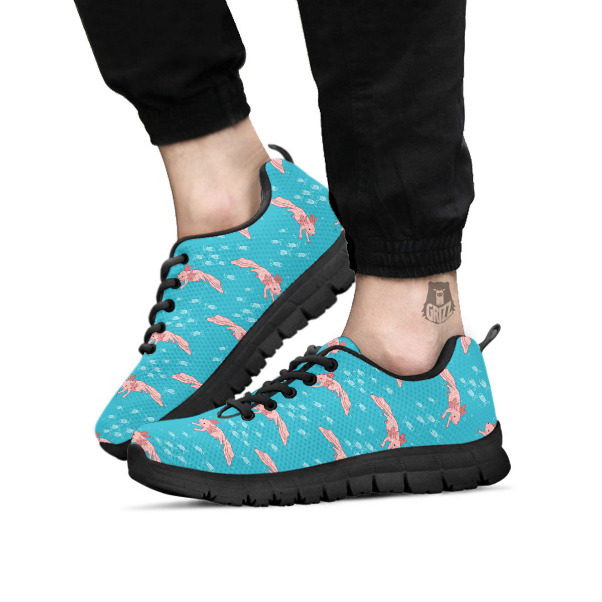 Pink Axolotl Teal Print Pattern Black Sneaker-grizzshop