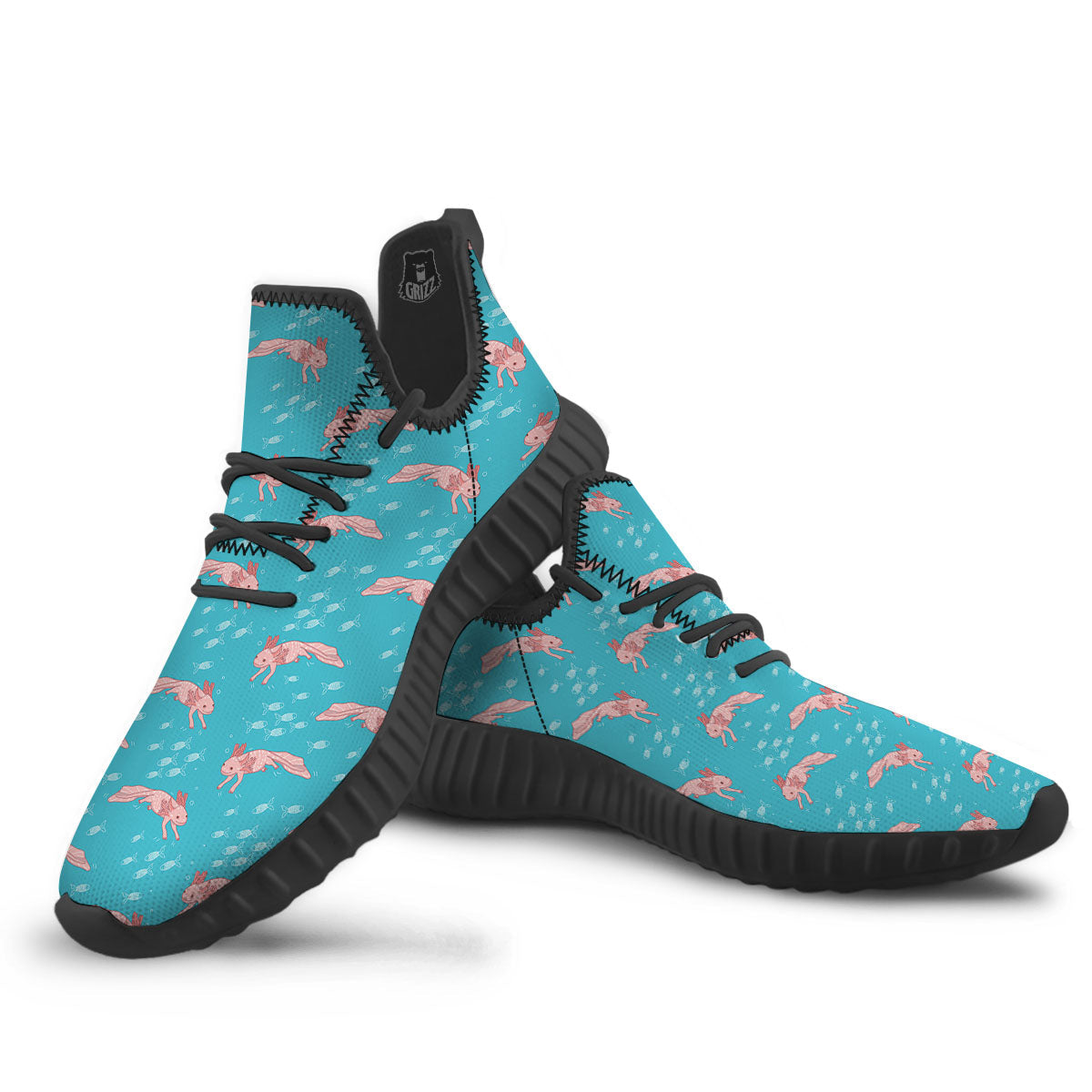 Pink Axolotl Teal Print Pattern Black Walking Shoes-grizzshop
