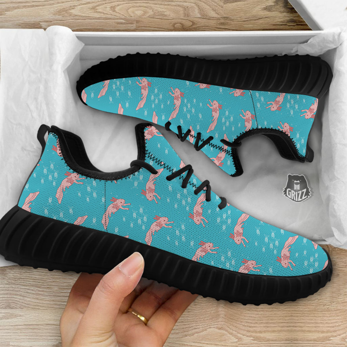 Pink Axolotl Teal Print Pattern Black Walking Shoes-grizzshop