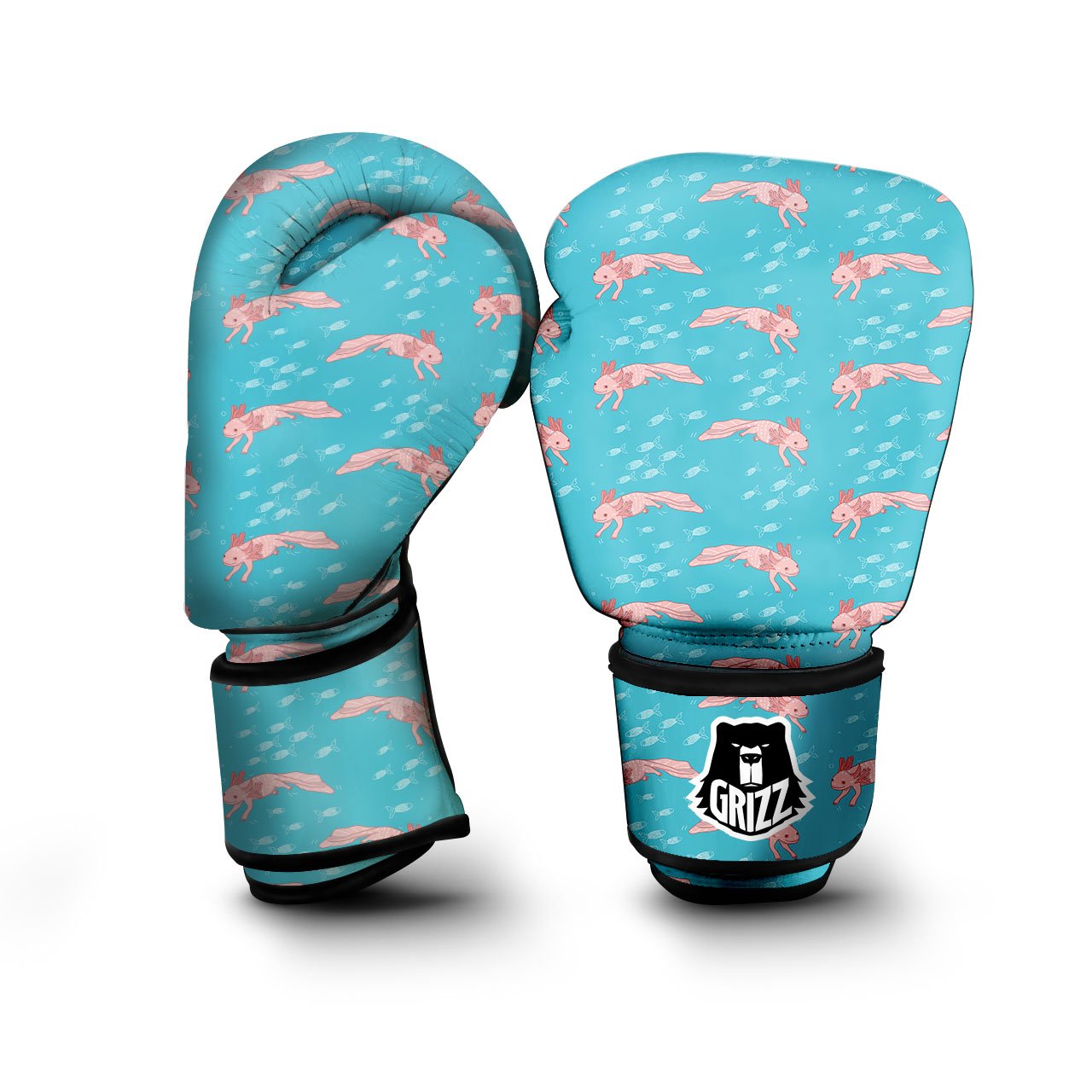 Pink Axolotl Teal Print Pattern Boxing Gloves-grizzshop