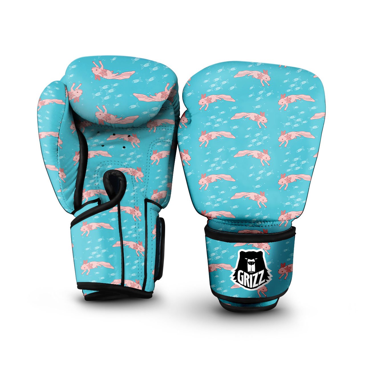 Pink Axolotl Teal Print Pattern Boxing Gloves-grizzshop